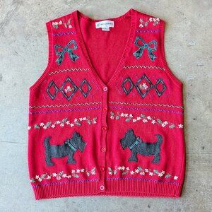 Vintage Alfred Dunner Red Black Scottie Dog Knit Sweater Vest medium